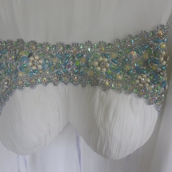 White Sherri Hill Jewel Encrusted Gown teal silver - Picture 14 of 15